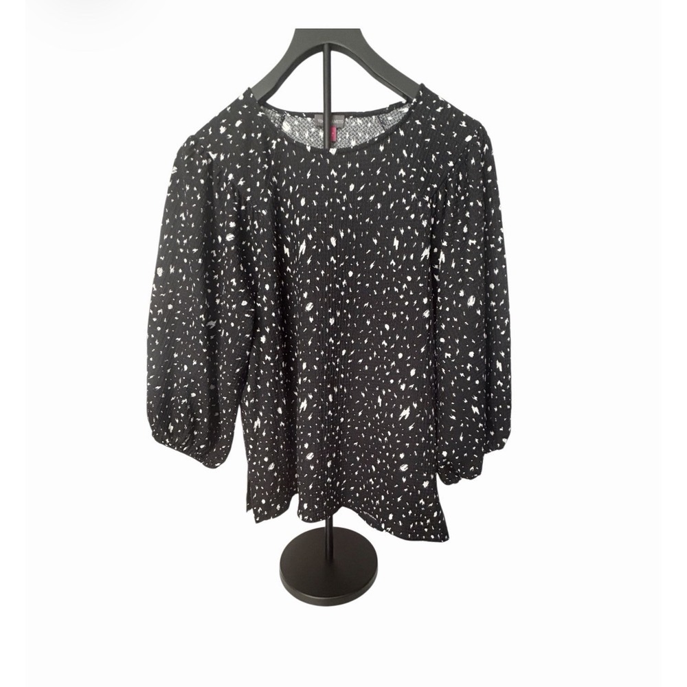 Vince Camuto Women S  Blouse Black White Abstract  Quiet Luxury Balloon Sleeve